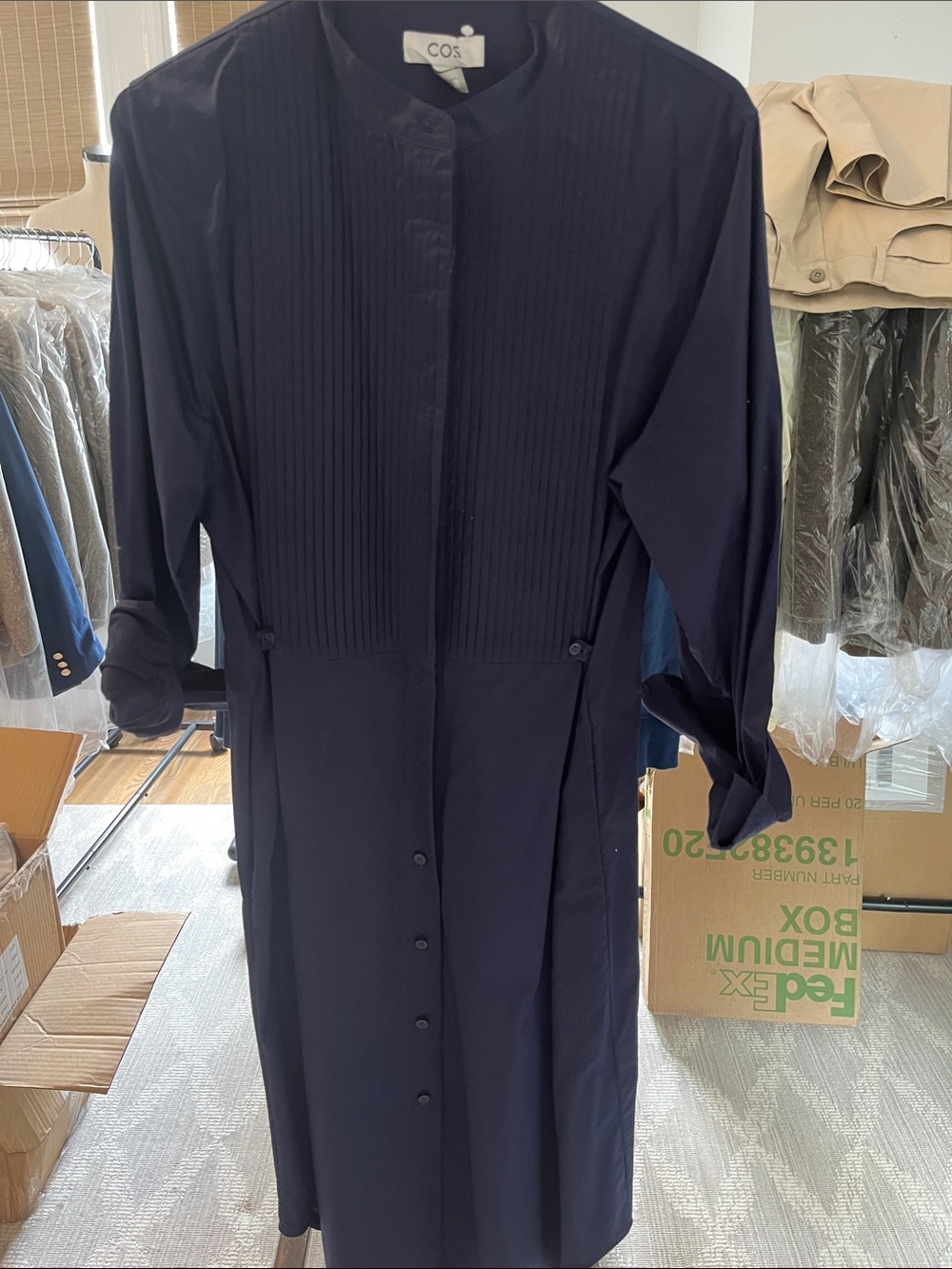 COS Dark Navy Pintuck Long Sleeve Shirt Dress